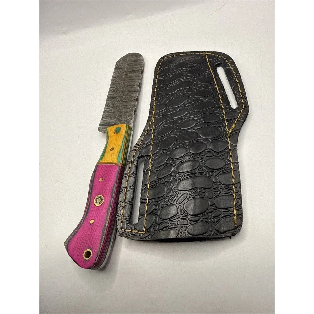 Handmade Damascus Steel Hunting Knife With Sheath‎ Pink